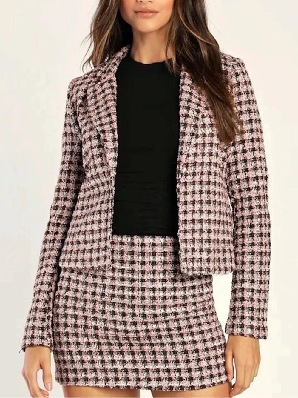 Suzy Shier Pink & Black Checkered Skirt Set Like New small